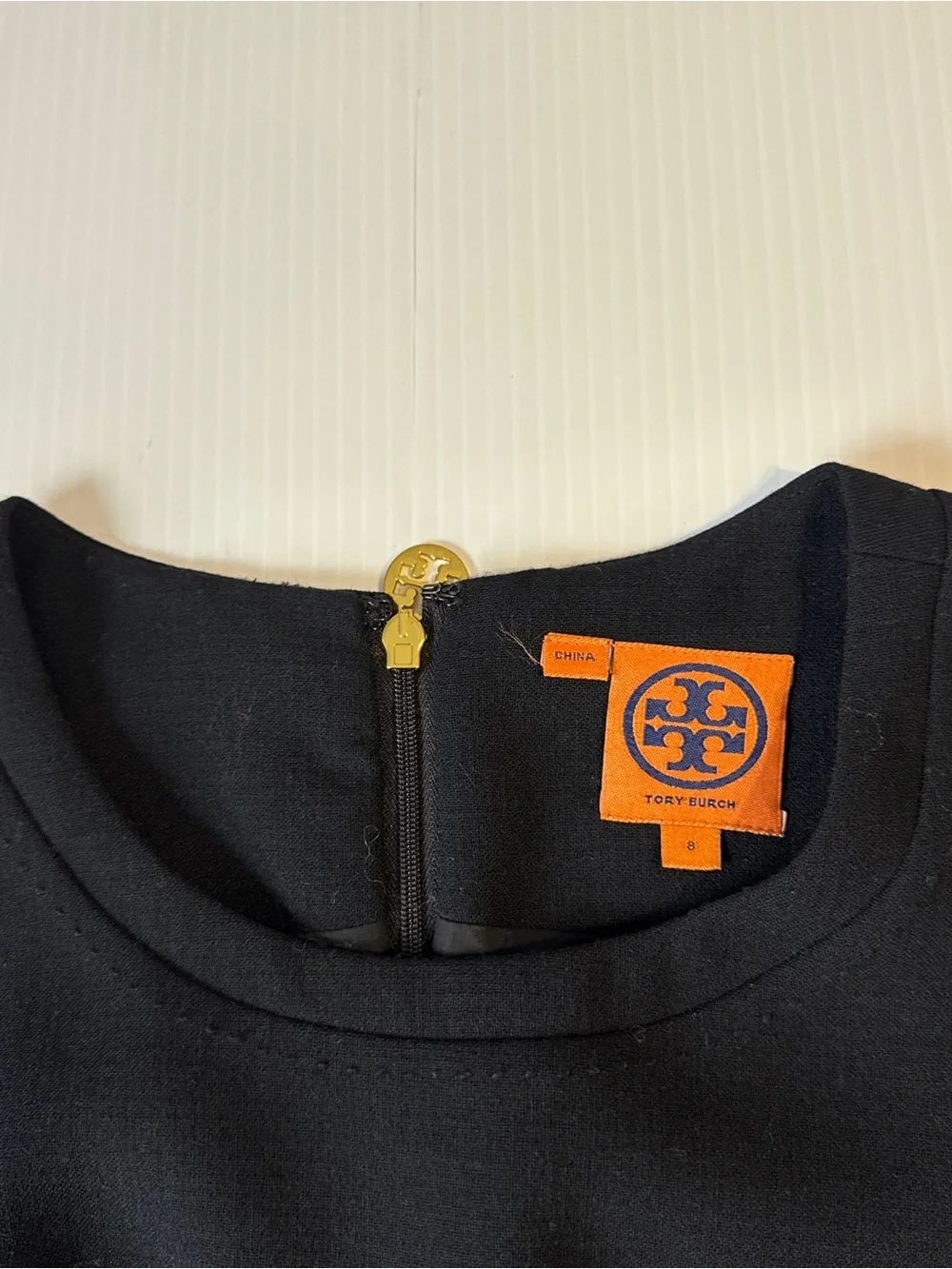 Tory Burch Black Wool Blend Utility Shift Dress Gold Zip Pockets Quiet Luxury 8